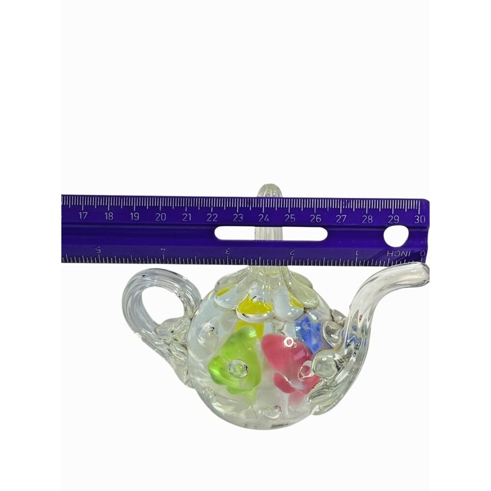 Vtg Joe St Clair‎ art glass teapot paperweight ring holder Pastel flowers - Picture 8 of 11